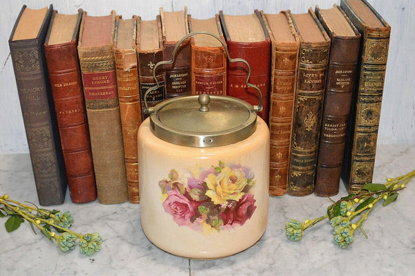 Antique English Biscuit Barrel Cookie Jar Blush With Yellow Pink and Red Roses