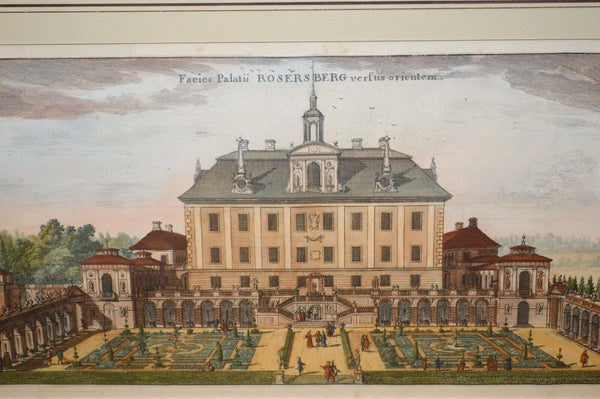Antique Framed Erik Dahlberg Color Engraving Suecia Antiqua Hodierna Rosersberg