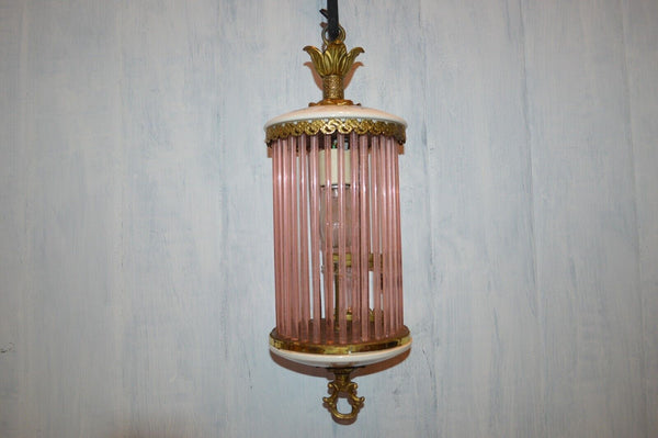 Antique Pendant Light Fixture Pink Glass Rods Cage Floral Porcelain Gilt Brass