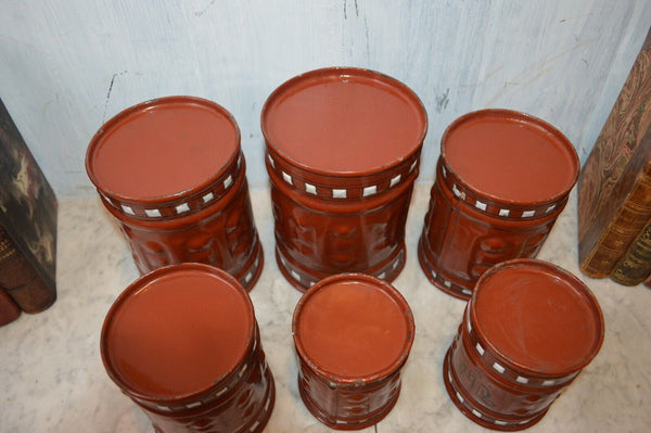 Vintage French Canister Set Red Enamel 6 Pieces Red White Black Enamelware