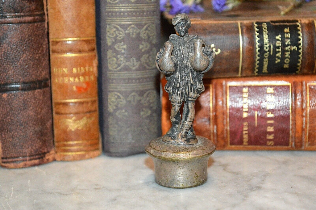 Antique French Silver Plated Bottle Stopper Figural Peasant Carrying Birds Geese