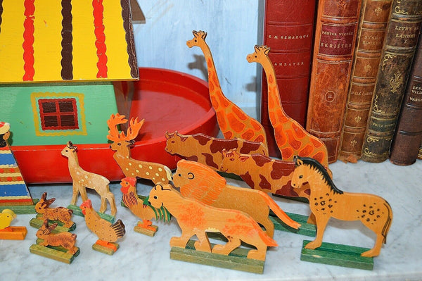 Antique German Noah's Ark Toy on Wheels Wooden 32 Animals Noah and Wife
