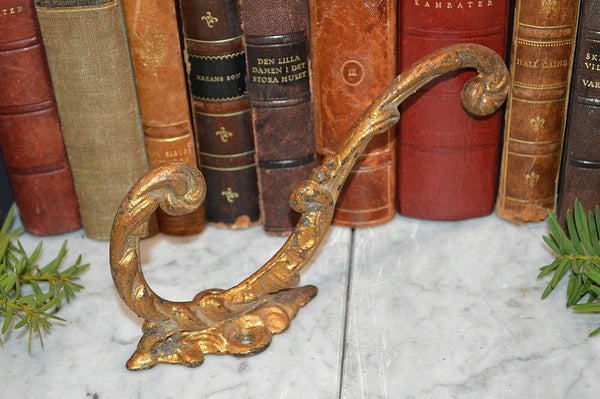 Antique French Hook Large Gilded Iron Ornate Acanthus Scrolls Coat Hat Hook