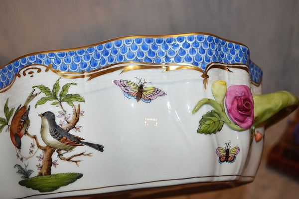 Herend Rothschild Bird Blue Border Tureen With Bird Fishscale 1055