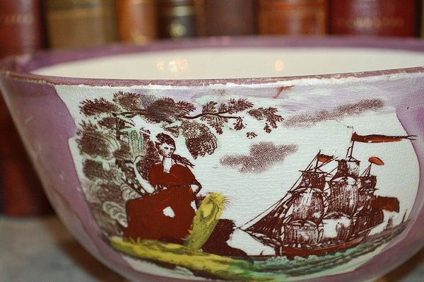 Rare Antique Sunderland Pink Lustre Bowl Mariner's Ode Poem Sailor's Wife Ship