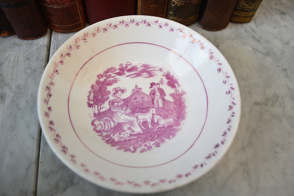 Antique Small English Staffordshire Bowl Pastoral Sheep Transferware Pink Lustre