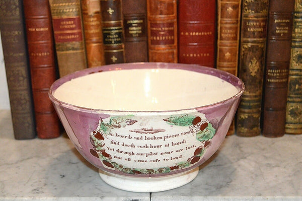 Rare Antique Sunderland Pink Lustre Bowl Mariner's Ode Poem Sailor's Wife Ship