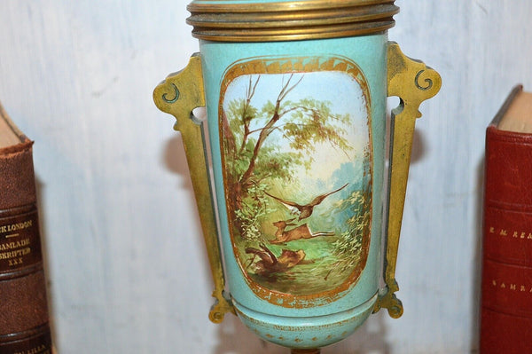 Antique French Turquoise Blue Porcelain Sevres Style Lamp Hunt Scene Couple