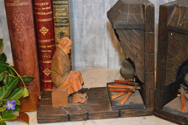 Antique Pair Black Forest Bookends Carved Wood Fireplace Figural Male Female Dog