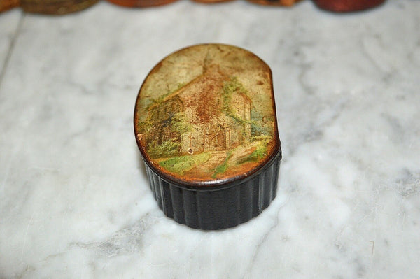 Antique Gutta Percha Small Lidded Box with Church Scene on the Lid