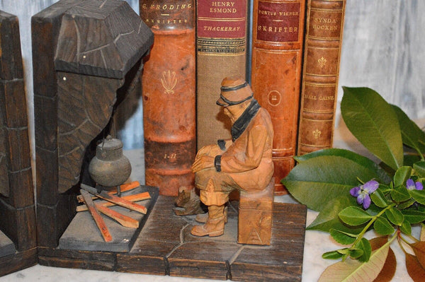 Antique Pair Black Forest Bookends Carved Wood Fireplace Figural Male Female Dog