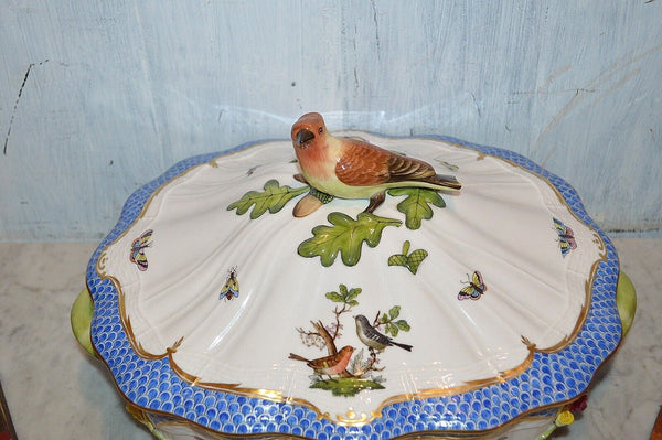 Herend Rothschild Bird Blue Border Tureen With Bird Fishscale 1055