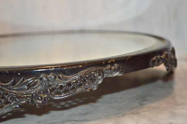 Antique Plateau Mirror Tray Black Art Nouveau Figural Lion Heads Bar Vanity