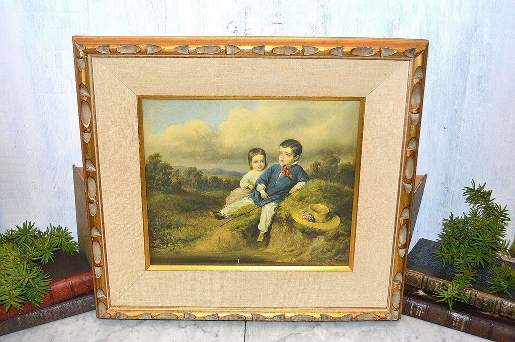 Antique Gilt Framed Lithograph Art Victorian Children Boy Girl Landscape Fishing