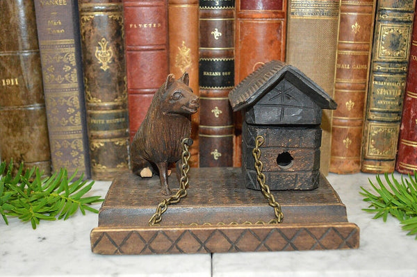Antique German Black Forest Carved Wood Inkwell Dog and Dog House