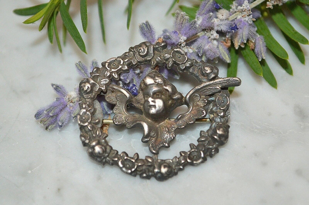 Antique William Kerr Sterling Silver Cherub Floral Brooch Pin Art Nouveau