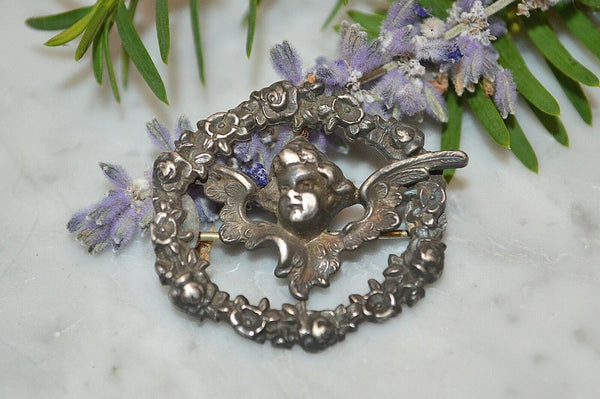Antique William Kerr Sterling Silver Cherub Floral Brooch Pin Art Nouveau