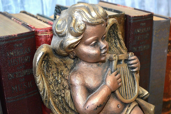 Vintage German Winged Cherub Playing Harp Wax Sculpture Figure