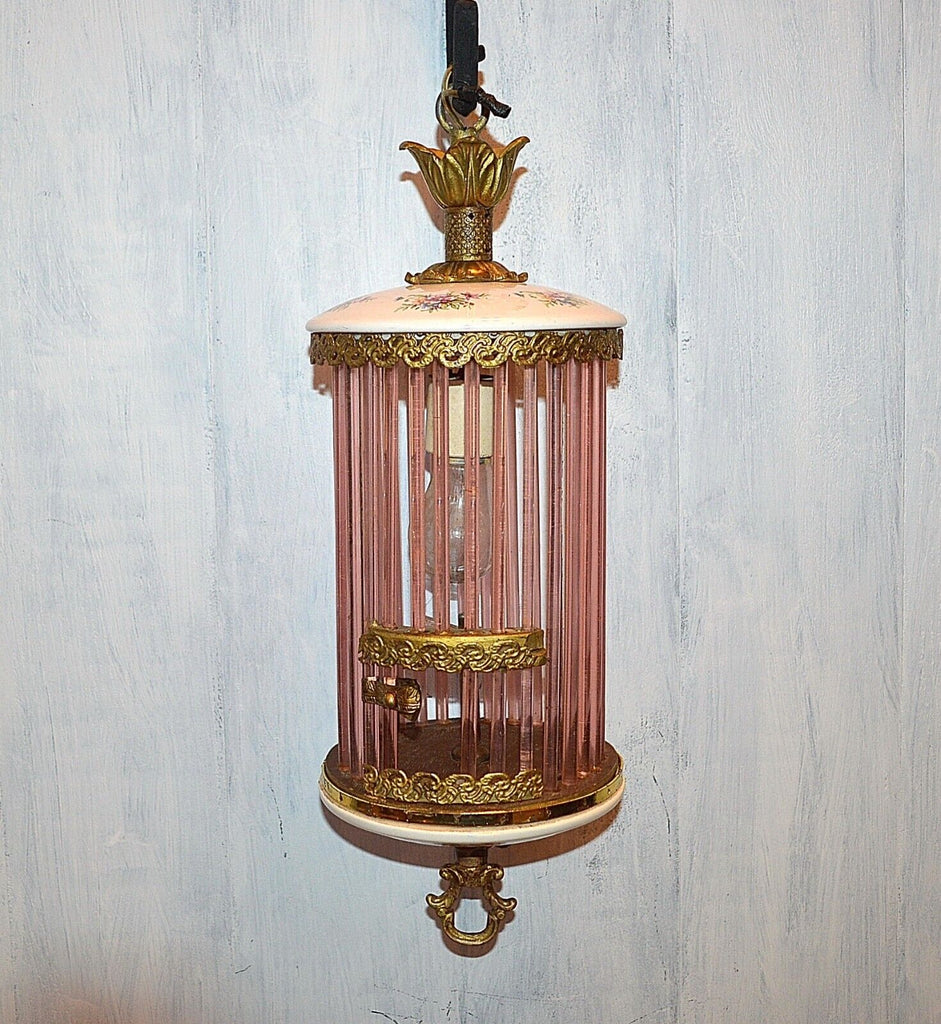 Antique Pendant Light Fixture Pink Glass Rods Cage Floral Porcelain Gilt Brass