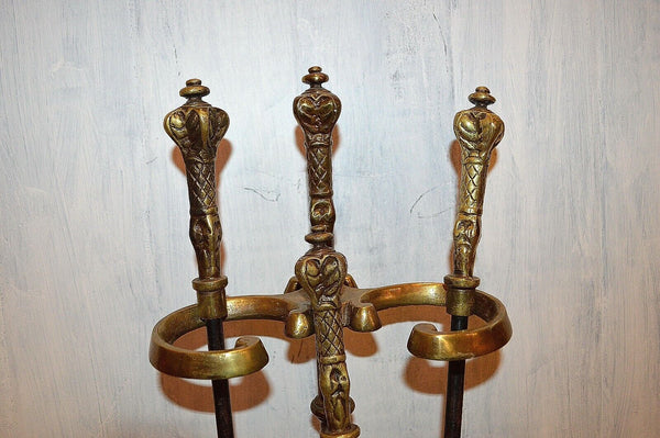 Antique French Heavy Brass Fireplace Tool Set La Maison 3 Tools and Stand