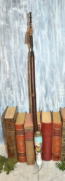 Antique German Hunt Scene Deer Pipe Porcelain Wood Horn Ebony 25"