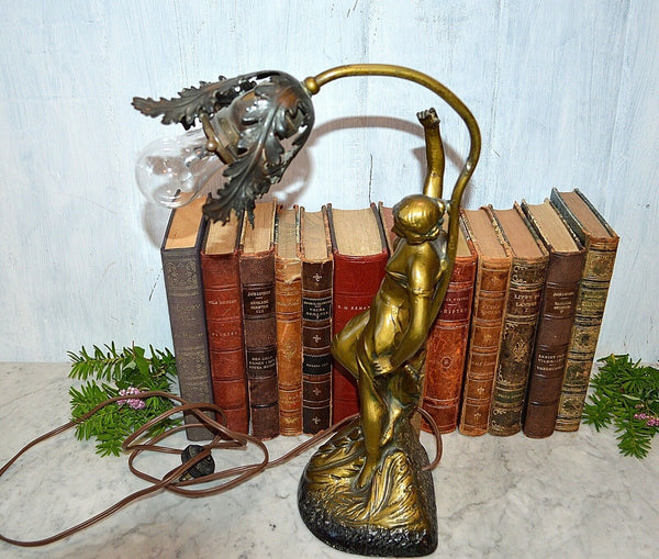 Antique Lamp Figural Female Art Nouveau Desk Table Brass FInish