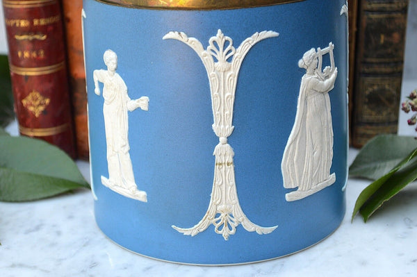 Antique Jasper Dudson England Blue Jasperware Biscuit Barrel Jar Classic Figures