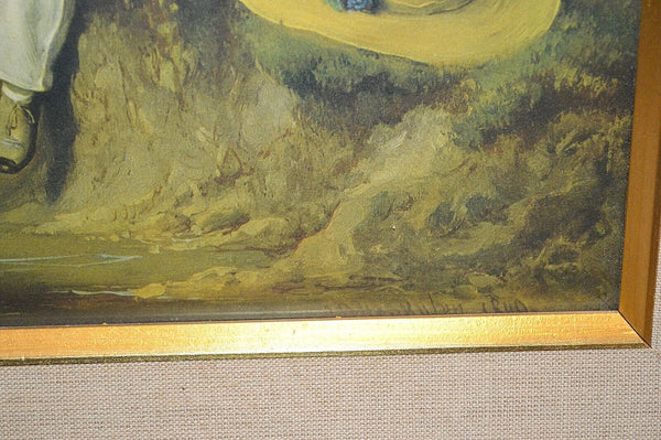 Antique Gilt Framed Lithograph Art Victorian Children Boy Girl Landscape Fishing