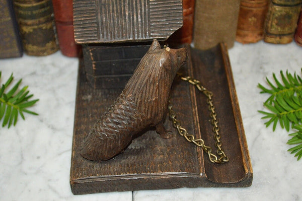 Antique German Black Forest Carved Wood Inkwell Dog and Dog House