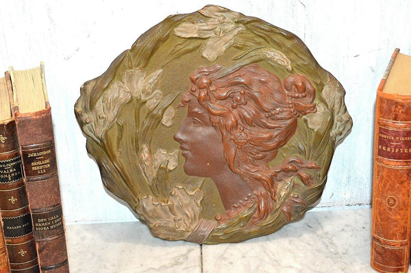 Antique Ernst Wahliss Art Nouveau Female Terracotta Relief Plaque Turn Wein