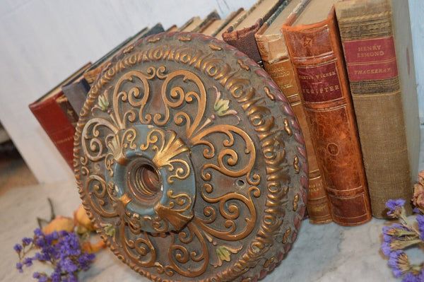 Antique Cast Plaster Polychrome Ceiling Medallion Rosette Light Fixture Gilded