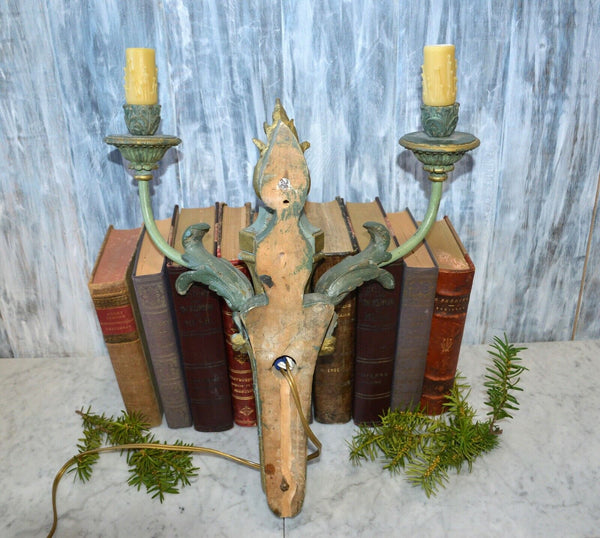 Antique French Empire Flame Gilded Wood Wall Sconce Light Fixture Turquoise