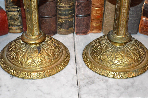 Antique Pair French Gilt Brass Altar Candles Religious Candlesticks