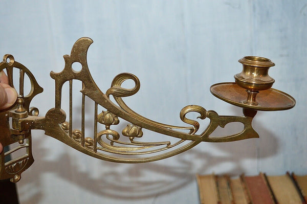 Antique Pair French Brass Art Nouveau Swinging Arm Piano Candle Holder Sconces