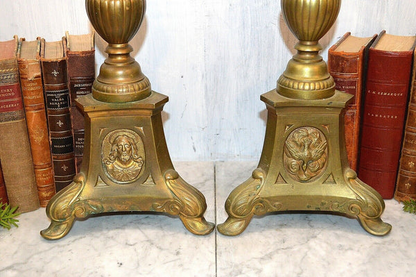 Antique Large French Pair Brass Altar Candle Holders Prickets 28" Jesus Dove
