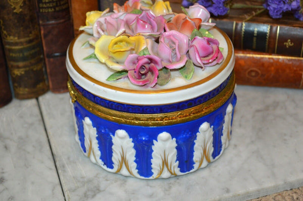 Antique German Porcelain Blue White Roses Jewelry Dresser Box Bronze