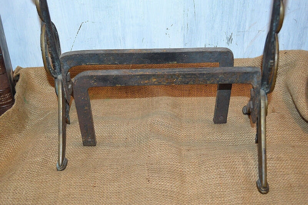 Antique Pair Caduceus Andirons Fireplace Accessory Medical Symbol Snakes Wings