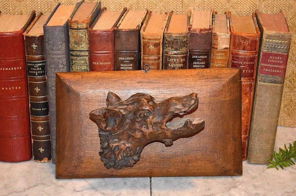 Antique German Black Forest Carved Wood Wild Boar Head Dimensional Plaque