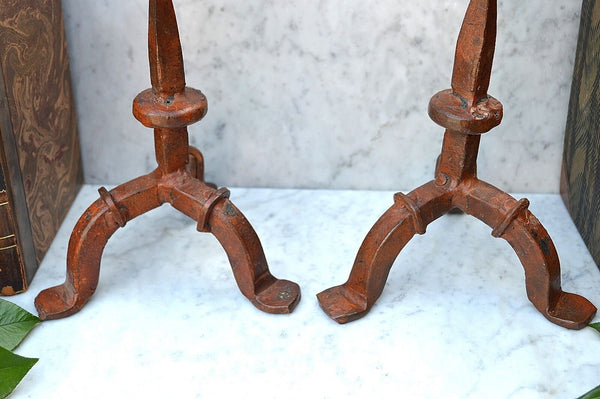 Antique Pair Cast Iron Rusty Red Fireplace Prong Candle Holders Candlesticks