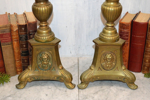 Antique Large French Pair Brass Altar Candle Holders Prickets 28" Jesus Dove