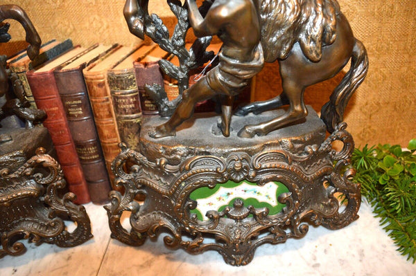 Antique Pair of French Marly Horses Spelter Porcelain Insets Guillaume Coustou