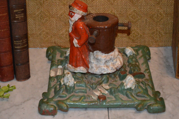 Antique German Santa Christmas Tree Stand Cast Iron Holder
