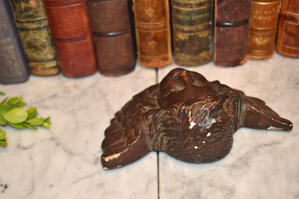 Antique German Dark Carved Wood Cherub Angel Head Baroque Plaque