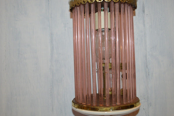 Antique Pendant Light Fixture Pink Glass Rods Cage Floral Porcelain Gilt Brass