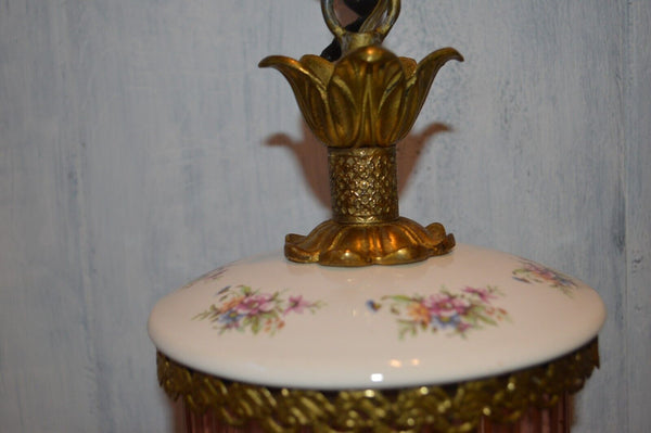 Antique Pendant Light Fixture Pink Glass Rods Cage Floral Porcelain Gilt Brass