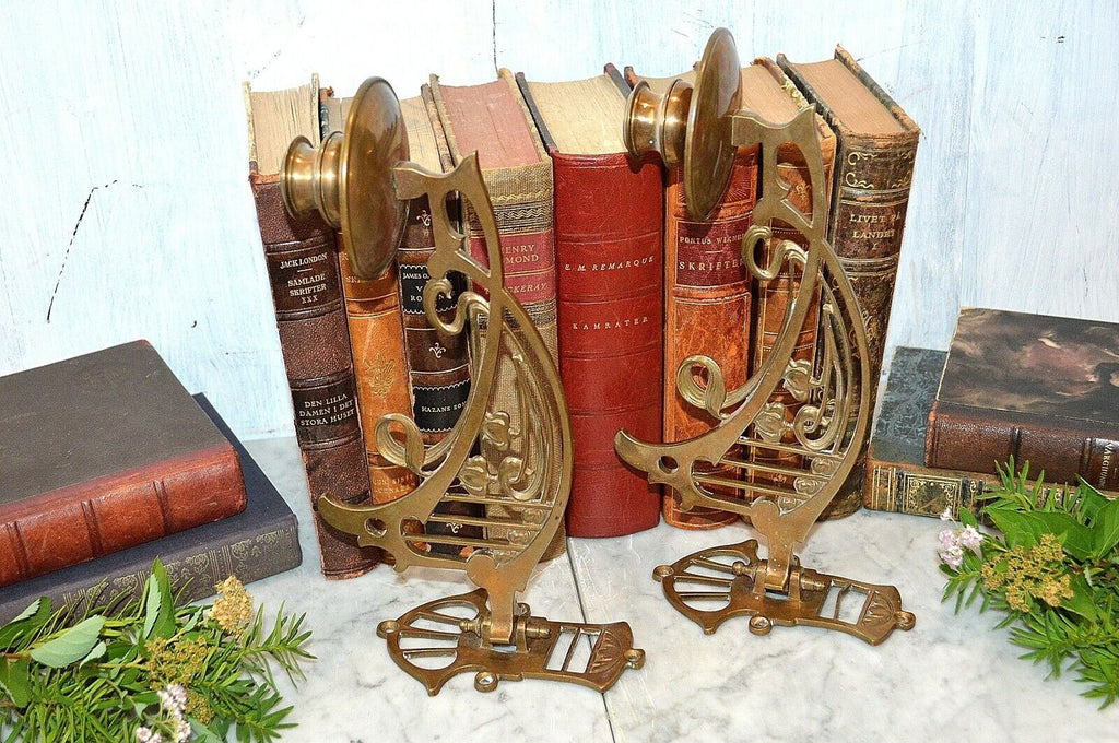 Antique Pair French Brass Art Nouveau Swinging Arm Piano Candle Holder Sconces