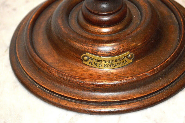 Antique HMS Britannia English Brass & Turned Wood Adjustable Candle Holder