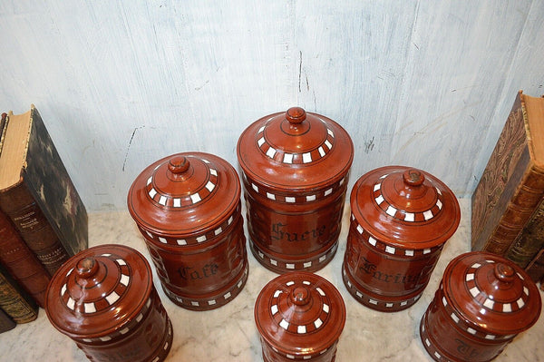 Vintage French Canister Set Red Enamel 6 Pieces Red White Black Enamelware