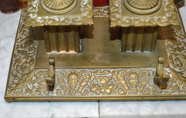 Antique English Brass Gothic Double Inkwell Figural Faces Pen Rest