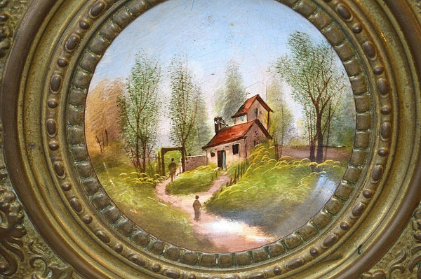 Antique French Handpainted House Plate Digoin Sarreguemines Repousse Brass Frame